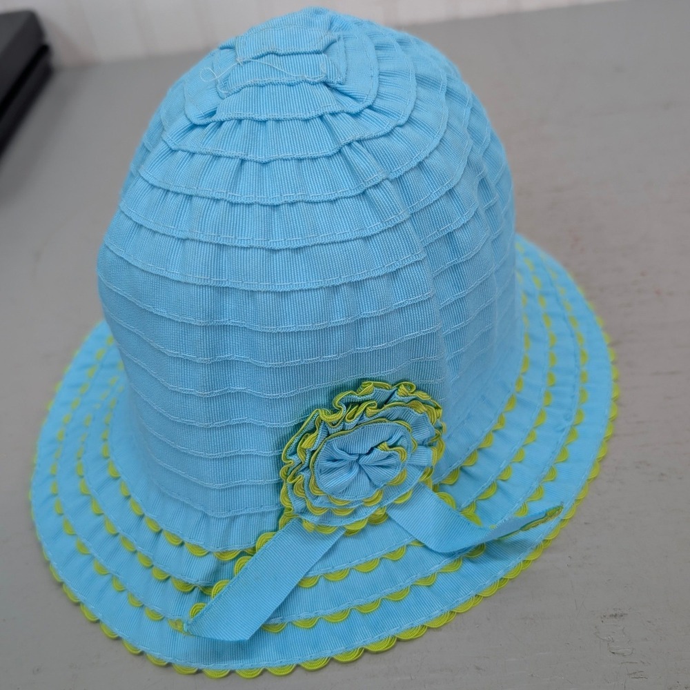 Dorfman Pacific Kindercaps Blue Lime Green Rickrack Sun Hat Flower Bow 4-6X 54cm